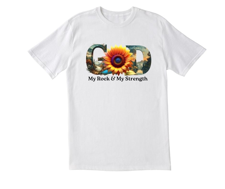 "GOD" Sunflower Graphic Tee – Botanical White Christian T-Shirt – Nature-Inspired Faith ApparelUnisex Christian Apparel