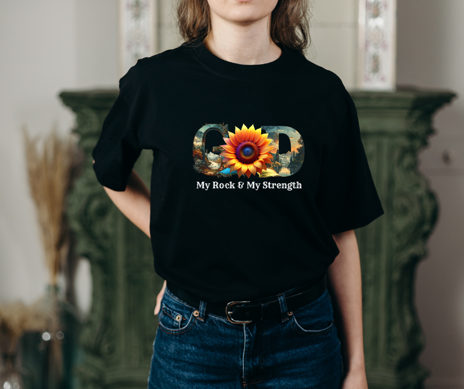 "GOD My Rock" Sunflower Graphic Tee – Botanical White Christian T-Shirt – Nature-Inspired Faith ApparelUnisex Christian Apparel