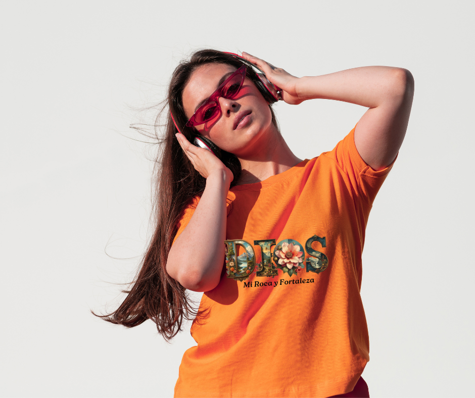 Dios Mi Roca" Botanical Graphic Tee – Vintage Orange Christian T-Shirt – Spanish Faith Apparel Floral Design