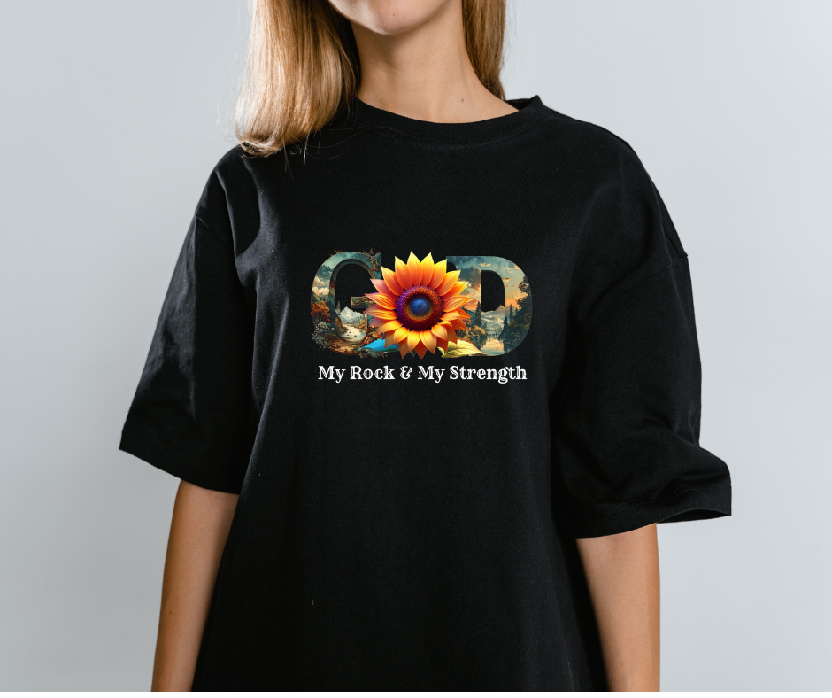 "GOD My Rock" Sunflower Graphic Tee – Botanical White Christian T-Shirt – Nature-Inspired Faith ApparelUnisex Christian Apparel