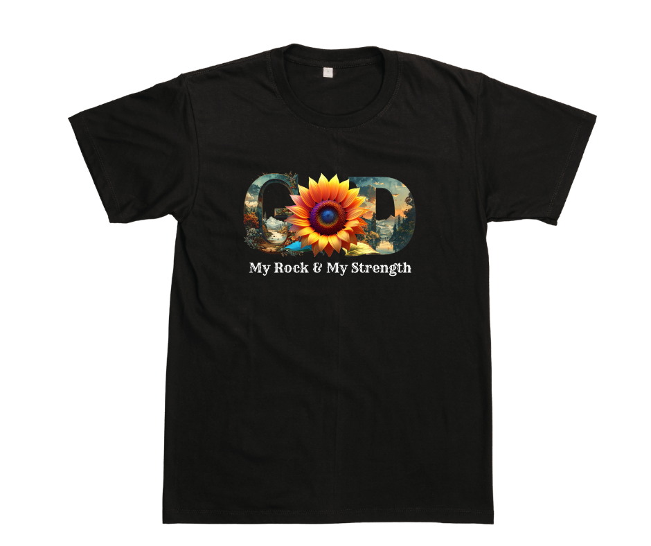 "GOD My Rock" Sunflower Graphic Tee – Botanical White Christian T-Shirt – Nature-Inspired Faith ApparelUnisex Christian Apparel