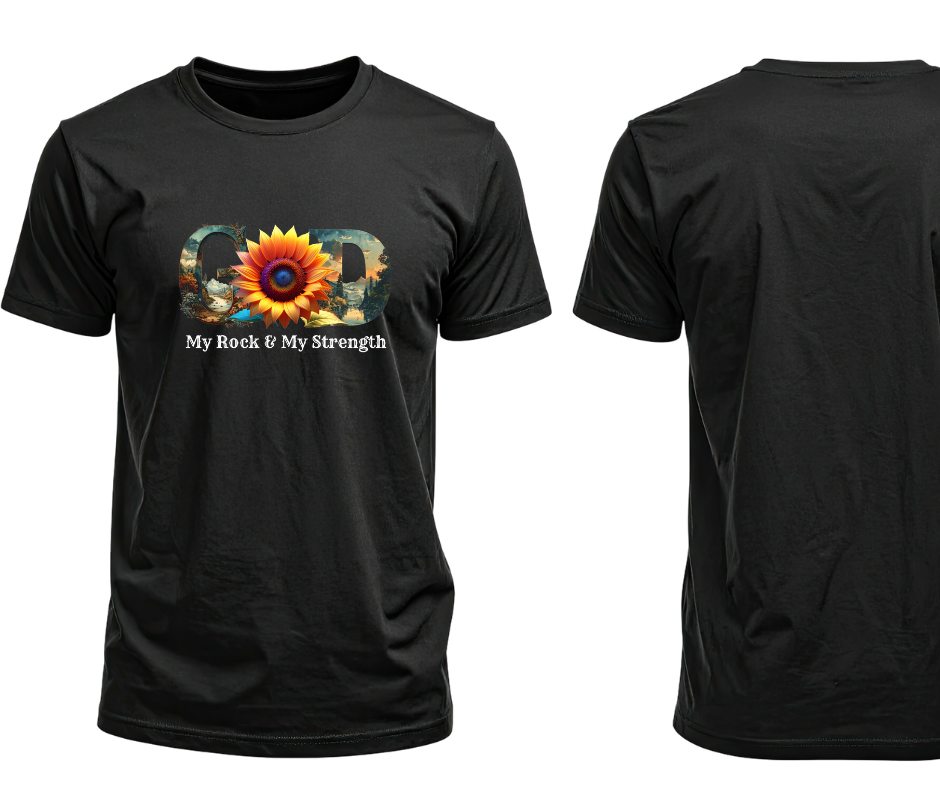 "GOD My Rock" Sunflower Graphic Tee – Botanical White Christian T-Shirt – Nature-Inspired Faith ApparelUnisex Christian Apparel