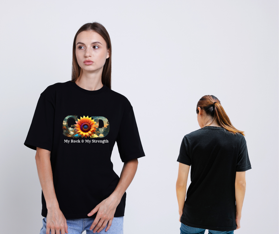 "GOD My Rock" Sunflower Graphic Tee – Botanical White Christian T-Shirt – Nature-Inspired Faith ApparelUnisex Christian Apparel