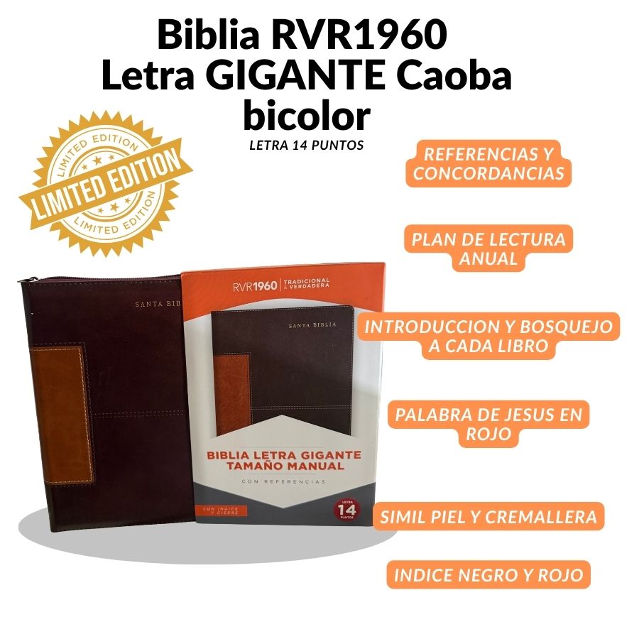 Biblia RVR 1960 Letra Gigante (14 Puntos) – Edición Limitada Marrón/Caoba Bicolor con Cierre (Holman)