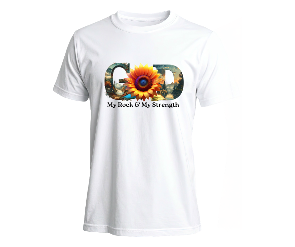 "GOD My Rock" Sunflower Graphic Tee – Botanical White Christian T-Shirt – Nature-Inspired Faith ApparelUnisex Christian Apparel