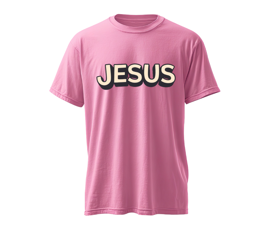 Retro "JESUS" Graphic Tee – Bubble Letter Pink Streetwear T-Shirt – Vintage Style Faith Apparel