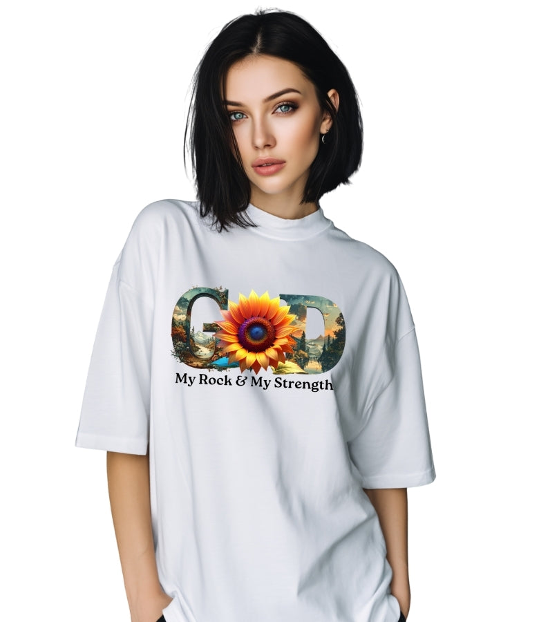"GOD" Sunflower Graphic Tee – Botanical White Christian T-Shirt – Nature-Inspired Faith ApparelUnisex Christian Apparel