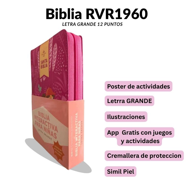 Biblia RVR1960 Interactiva para Niñas Letra Grande 12 Puntos con Cierre