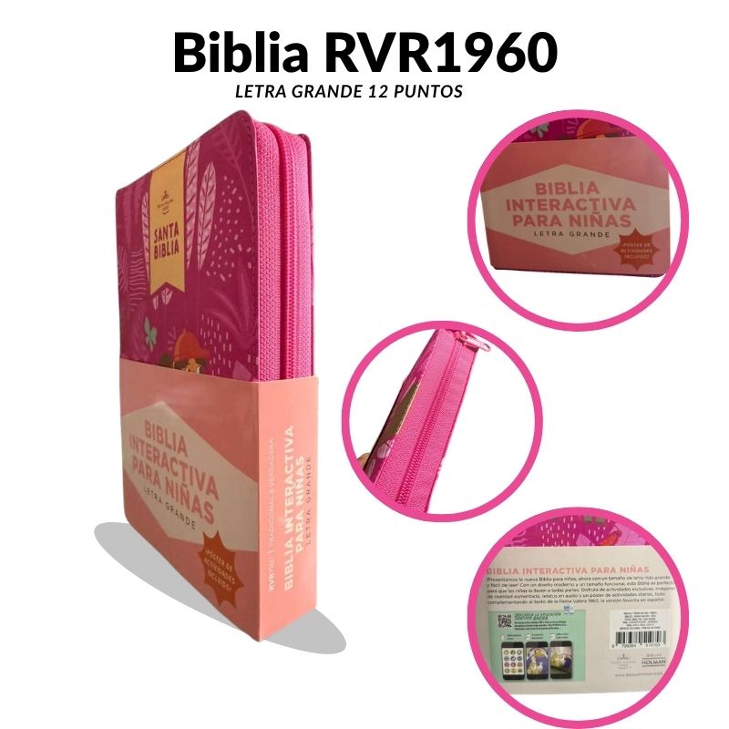 Biblia RVR1960 Interactiva para Niñas Letra Grande 12 Puntos con Cierre