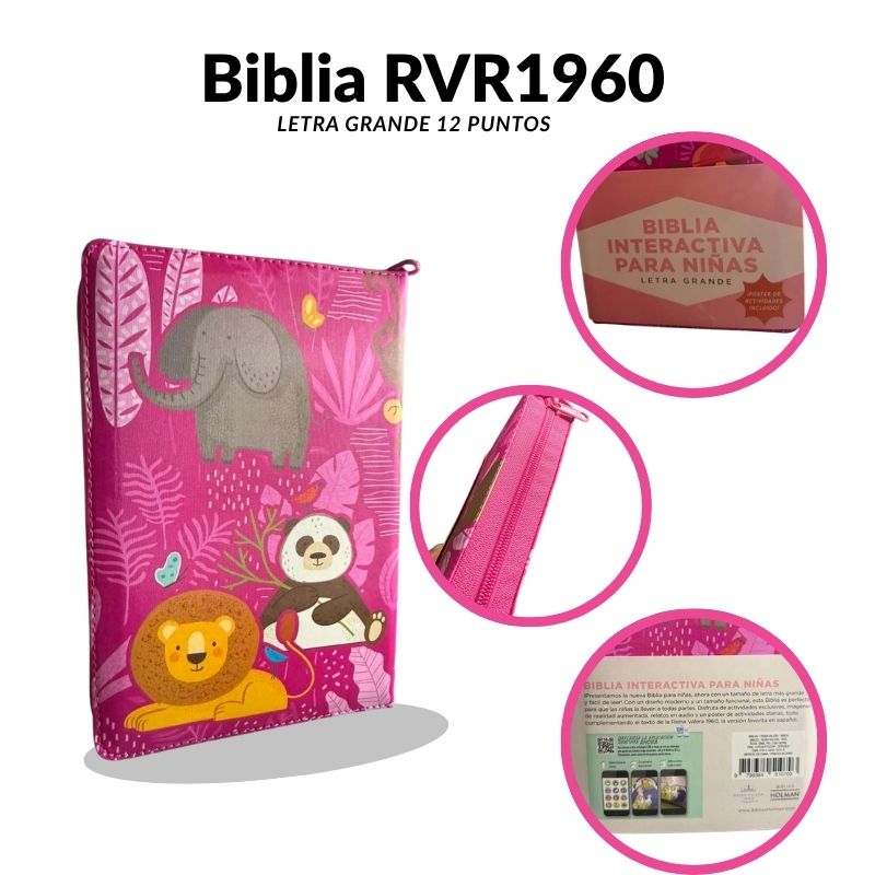Biblia RVR1960 Interactiva para Niñas Letra Grande 12 Puntos con Cierre