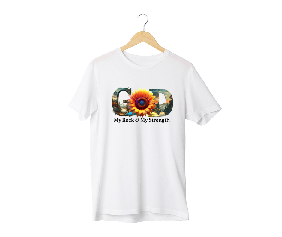 "GOD My Rock" Sunflower Graphic Tee – Botanical White Christian T-Shirt – Nature-Inspired Faith ApparelUnisex Christian Apparel