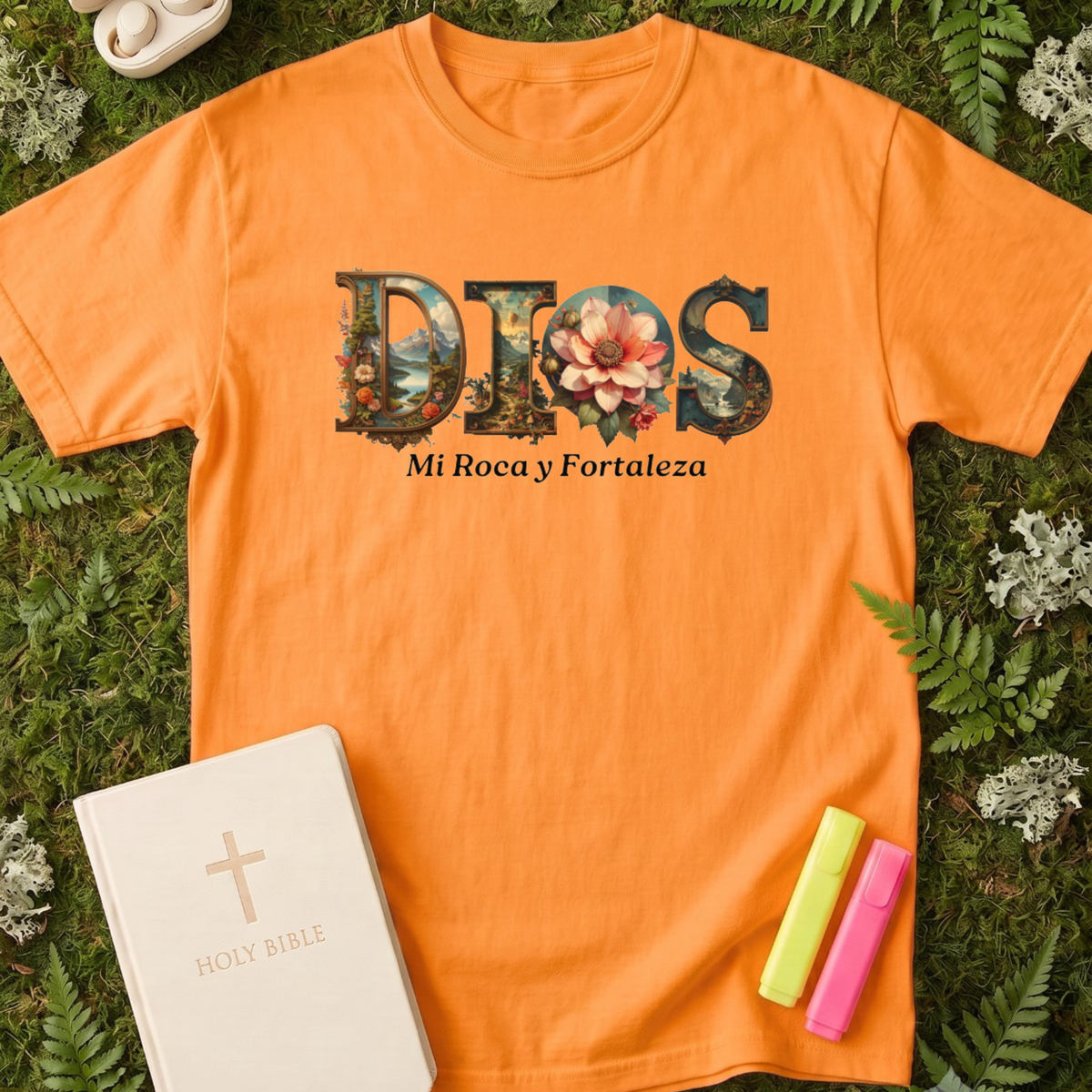 Dios Mi Roca" Botanical Graphic Tee – Vintage Orange Christian T-Shirt – Spanish Faith Apparel Floral Design