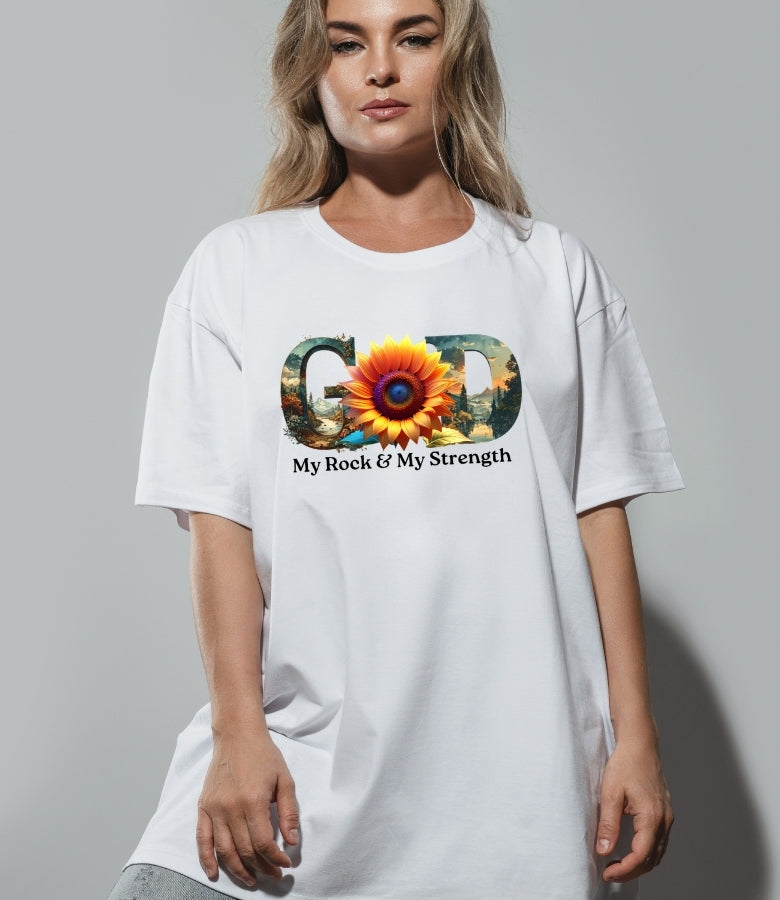 "GOD" Sunflower Graphic Tee – Botanical White Christian T-Shirt – Nature-Inspired Faith ApparelUnisex Christian Apparel