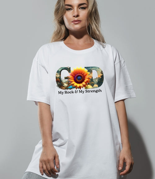 "GOD" Sunflower Graphic Tee – Botanical White Christian T-Shirt – Nature-Inspired Faith ApparelUnisex Christian Apparel