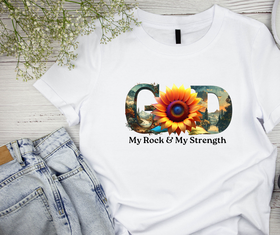 "GOD My Rock" Sunflower Graphic Tee – Botanical White Christian T-Shirt – Nature-Inspired Faith ApparelUnisex Christian Apparel