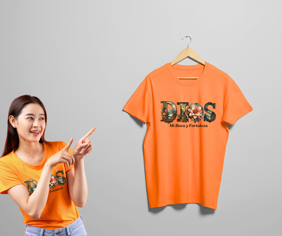 Dios Mi Roca" Botanical Graphic Tee – Vintage Orange Christian T-Shirt – Spanish Faith Apparel Floral Design