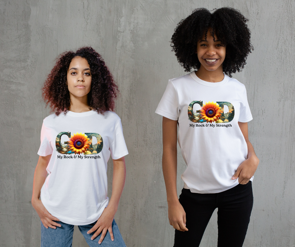 "GOD My Rock" Sunflower Graphic Tee – Botanical White Christian T-Shirt – Nature-Inspired Faith ApparelUnisex Christian Apparel