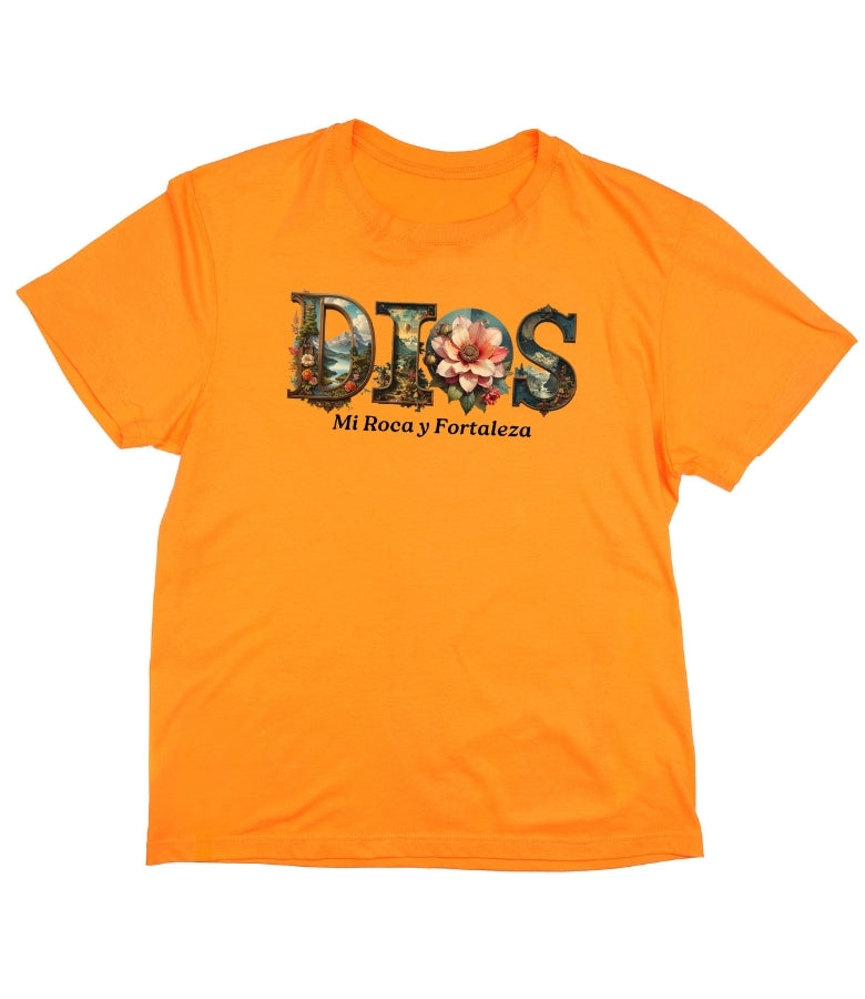 Dios Mi Roca" Botanical Graphic Tee – Vintage Orange Christian T-Shirt – Spanish Faith Apparel Floral Design