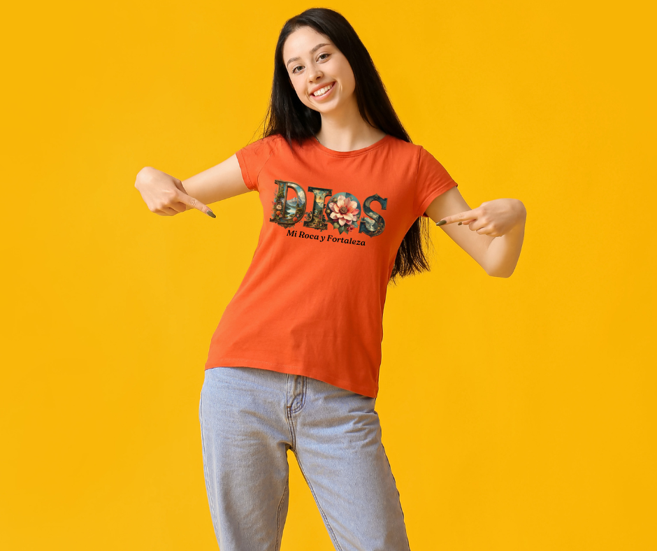 Dios Mi Roca" Botanical Graphic Tee – Vintage Orange Christian T-Shirt – Spanish Faith Apparel Floral Design