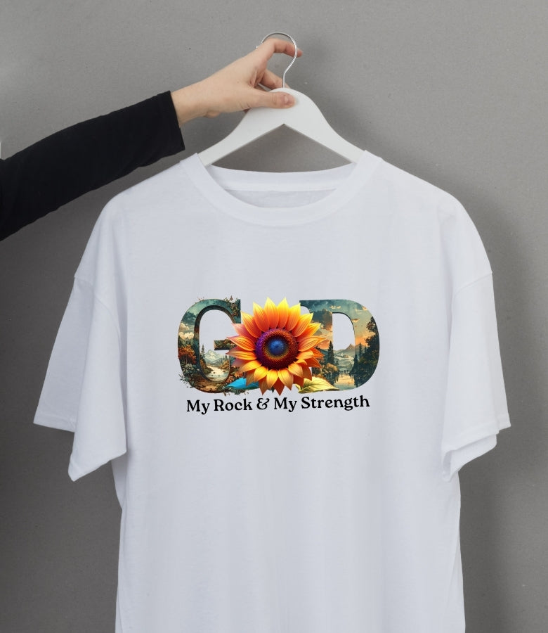 "GOD" Sunflower Graphic Tee – Botanical White Christian T-Shirt – Nature-Inspired Faith ApparelUnisex Christian Apparel