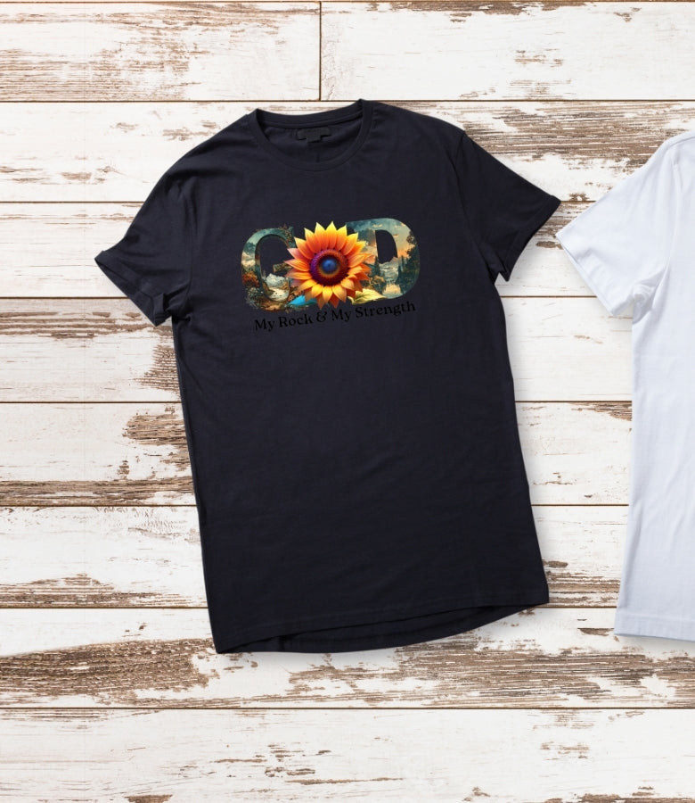 "GOD" Sunflower Graphic Tee – Botanical White Christian T-Shirt – Nature-Inspired Faith ApparelUnisex Christian Apparel