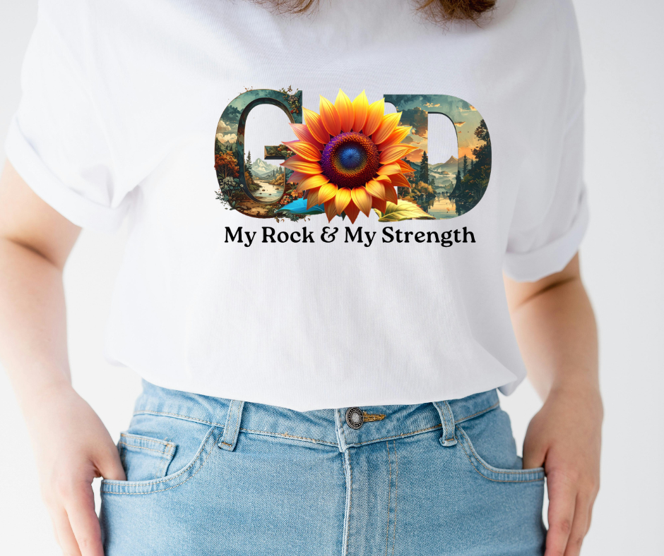 "GOD My Rock" Sunflower Graphic Tee – Botanical White Christian T-Shirt – Nature-Inspired Faith ApparelUnisex Christian Apparel