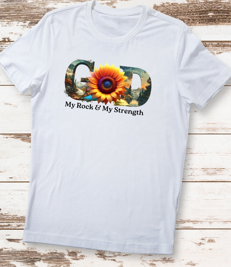 "GOD" Sunflower Graphic Tee – Botanical White Christian T-Shirt – Nature-Inspired Faith ApparelUnisex Christian Apparel