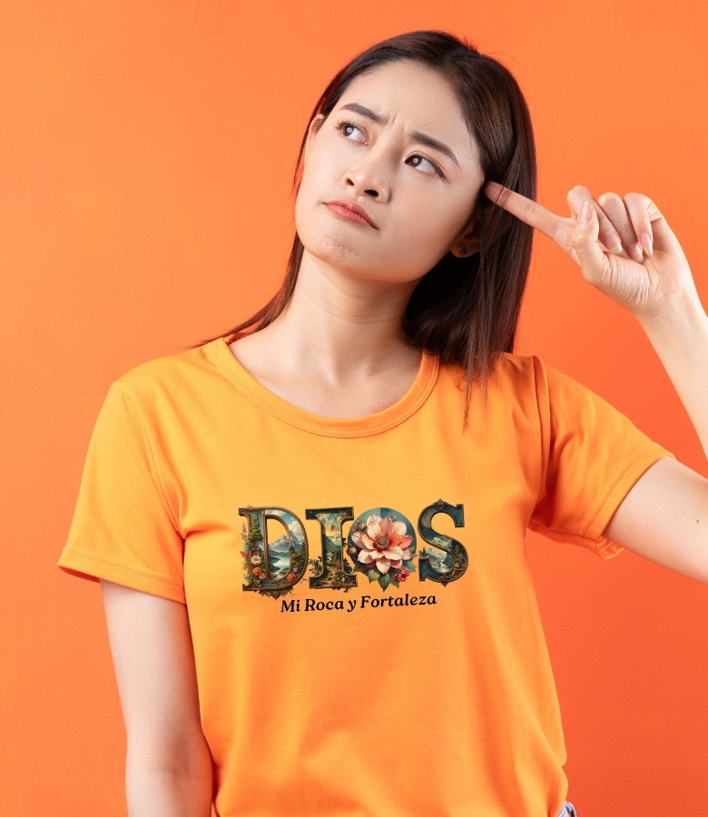 Dios Mi Roca" Botanical Graphic Tee – Vintage Orange Christian T-Shirt – Spanish Faith Apparel Floral Design