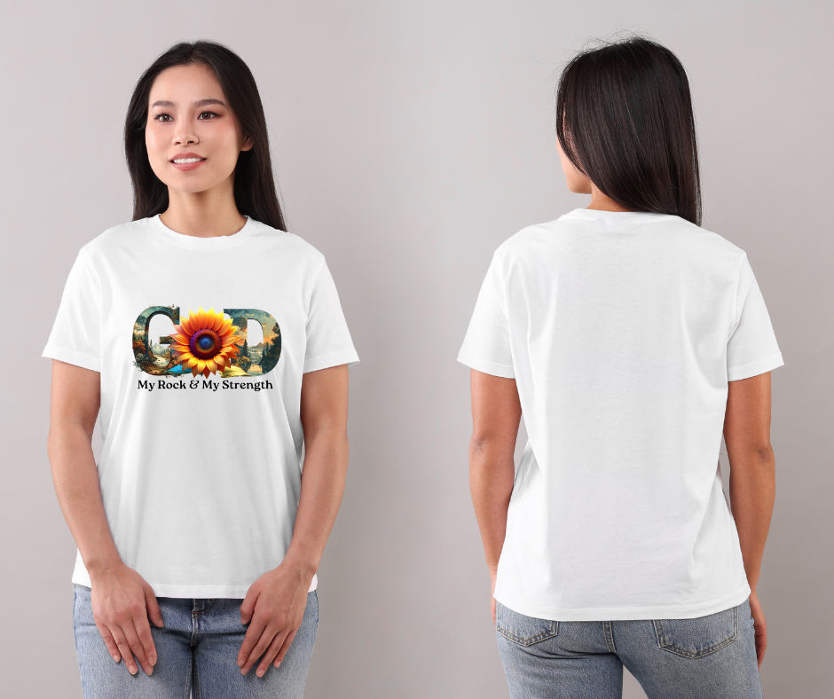 "GOD My Rock" Sunflower Graphic Tee – Botanical White Christian T-Shirt – Nature-Inspired Faith ApparelUnisex Christian Apparel
