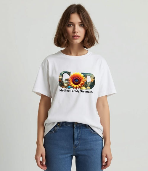 "GOD" Sunflower Graphic Tee – Botanical White Christian T-Shirt – Nature-Inspired Faith ApparelUnisex Christian Apparel