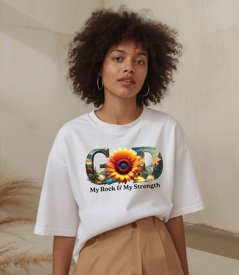 "GOD" Sunflower Graphic Tee – Botanical White Christian T-Shirt – Nature-Inspired Faith ApparelUnisex Christian Apparel