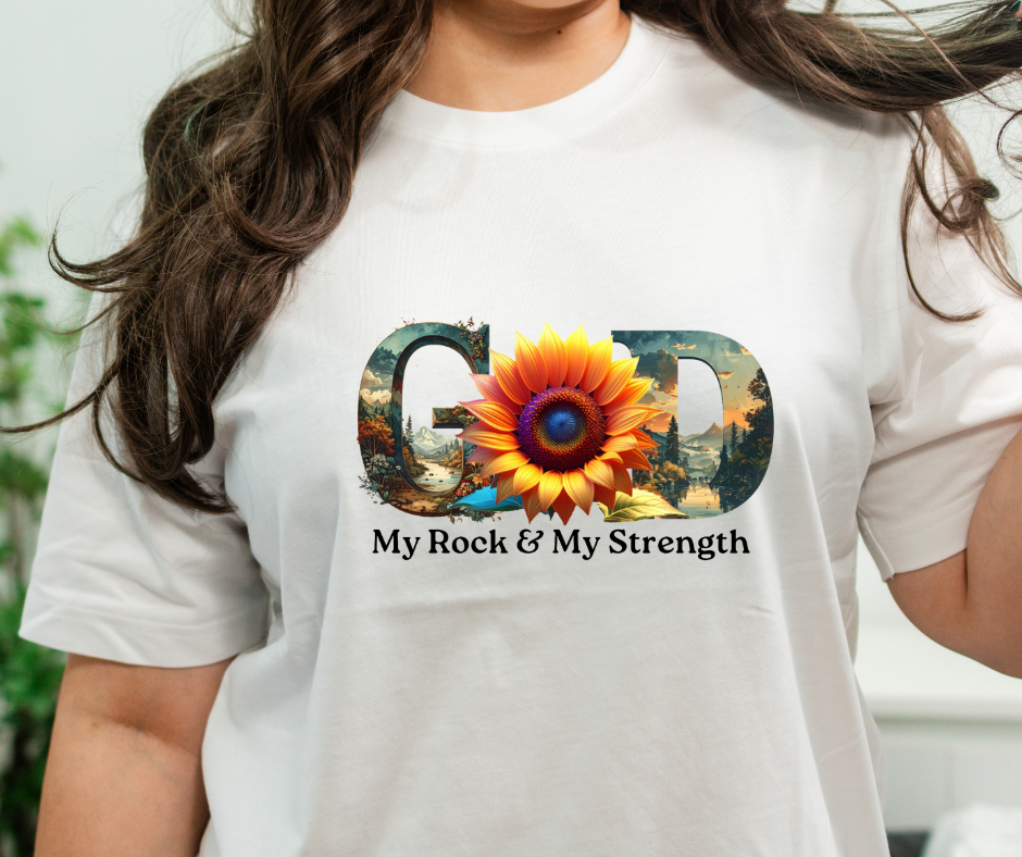 "GOD My Rock" Sunflower Graphic Tee – Botanical White Christian T-Shirt – Nature-Inspired Faith ApparelUnisex Christian Apparel