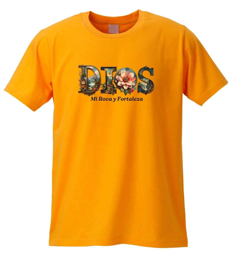 Dios Mi Roca" Botanical Graphic Tee – Vintage Orange Christian T-Shirt – Spanish Faith Apparel Floral Design