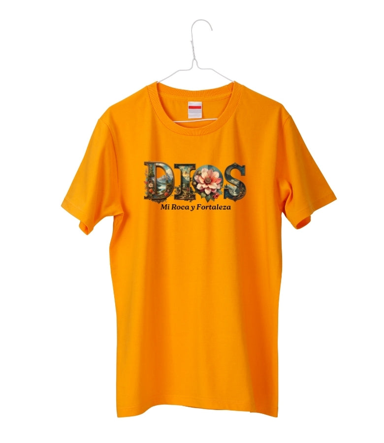 Dios Mi Roca" Botanical Graphic Tee – Vintage Orange Christian T-Shirt – Spanish Faith Apparel Floral Design