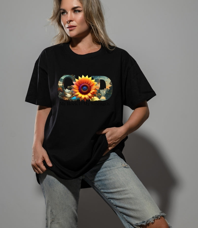 "GOD" Sunflower Graphic Tee – Botanical White Christian T-Shirt – Nature-Inspired Faith ApparelUnisex Christian Apparel