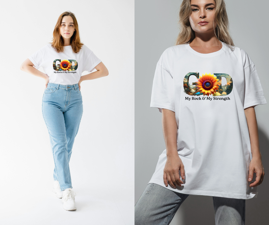"GOD My Rock" Sunflower Graphic Tee – Botanical White Christian T-Shirt – Nature-Inspired Faith ApparelUnisex Christian Apparel