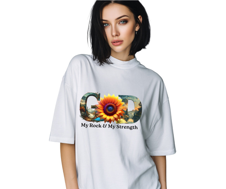 "GOD My Rock" Sunflower Graphic Tee – Botanical White Christian T-Shirt – Nature-Inspired Faith ApparelUnisex Christian Apparel