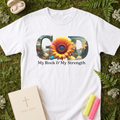 "GOD" Sunflower Graphic Tee – Botanical White Christian T-Shirt – Nature-Inspired Faith ApparelUnisex Christian Apparel