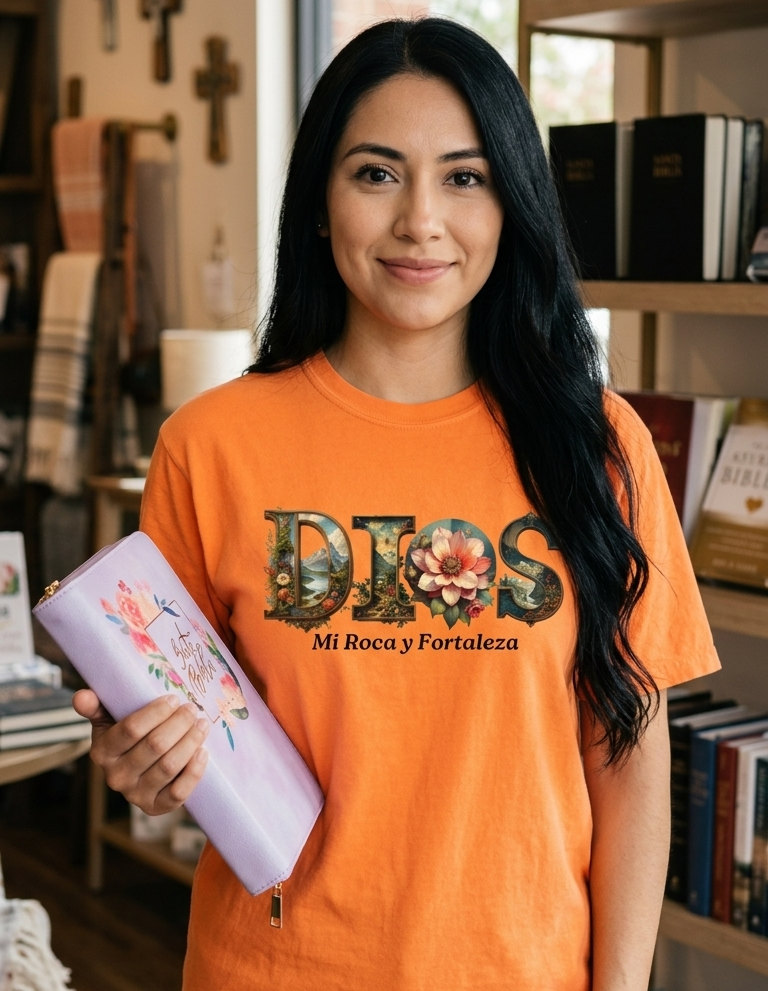 Dios Mi Roca" Botanical Graphic Tee – Vintage Orange Christian T-Shirt – Spanish Faith Apparel Floral Design