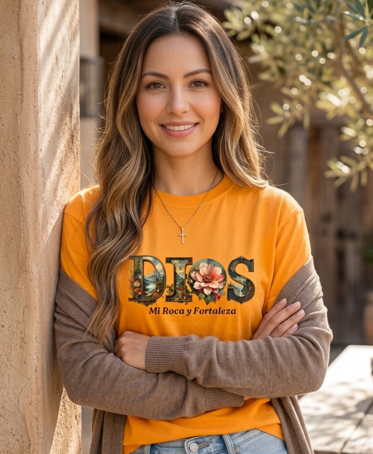 Dios Mi Roca" Botanical Graphic Tee – Vintage Orange Christian T-Shirt – Spanish Faith Apparel Floral Design